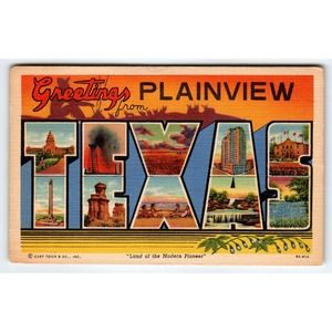 Greetings From Plainview Texas Large Big Letter Postcard Linen Curt Teich 1959